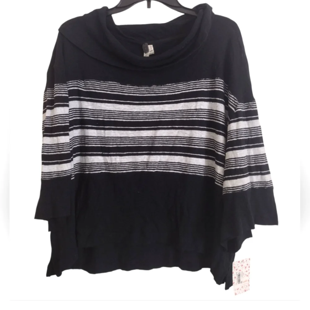 Free People Black White Sea Side Striped Cotton Linen Blend Sweater Size Large
